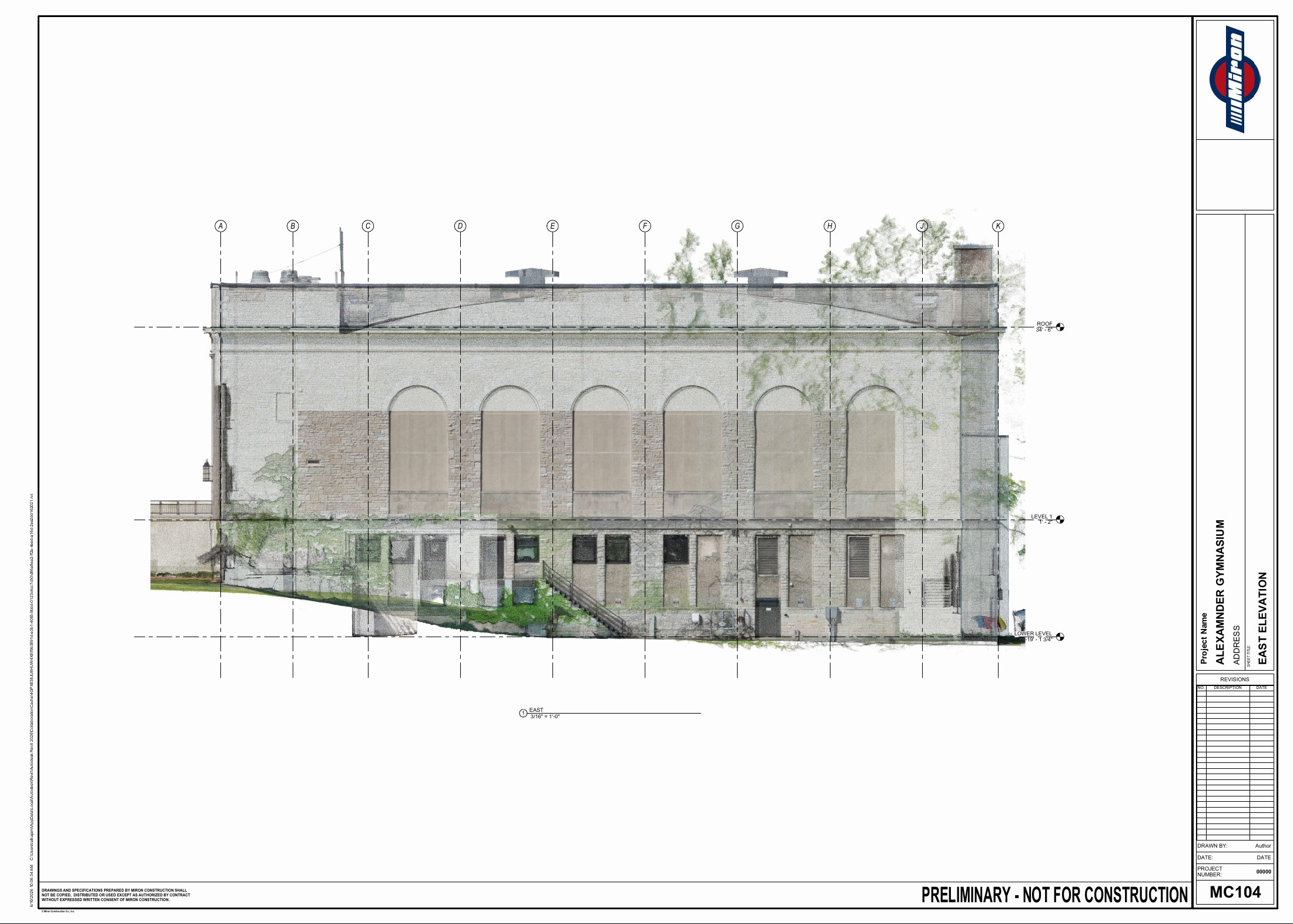 Alexander Gymnasium east elevation with façade grid and level references