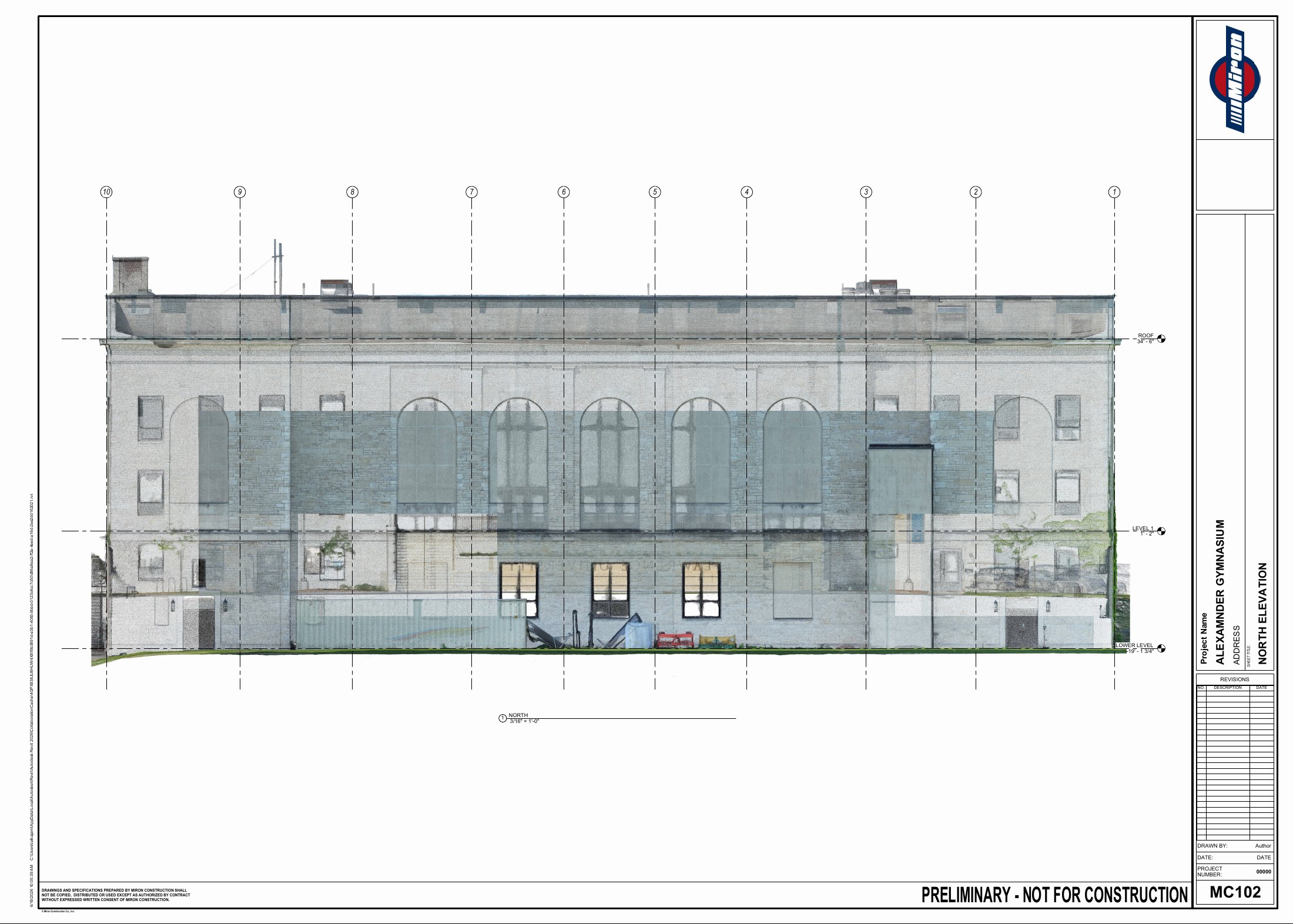 Alexander Gymnasium north elevation with façade grid and level references
