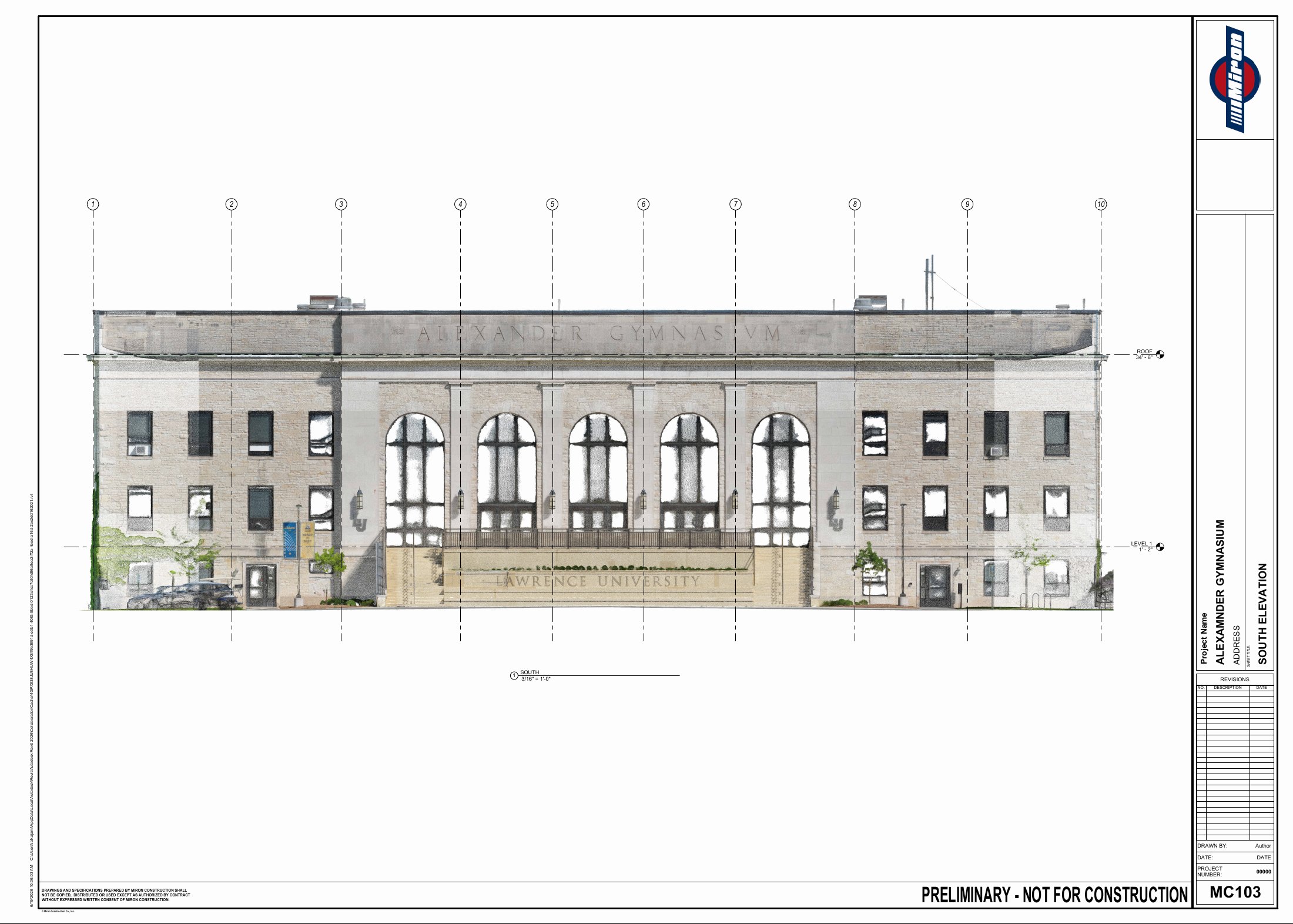 Alexander Gymnasium south elevation with façade grid and level references