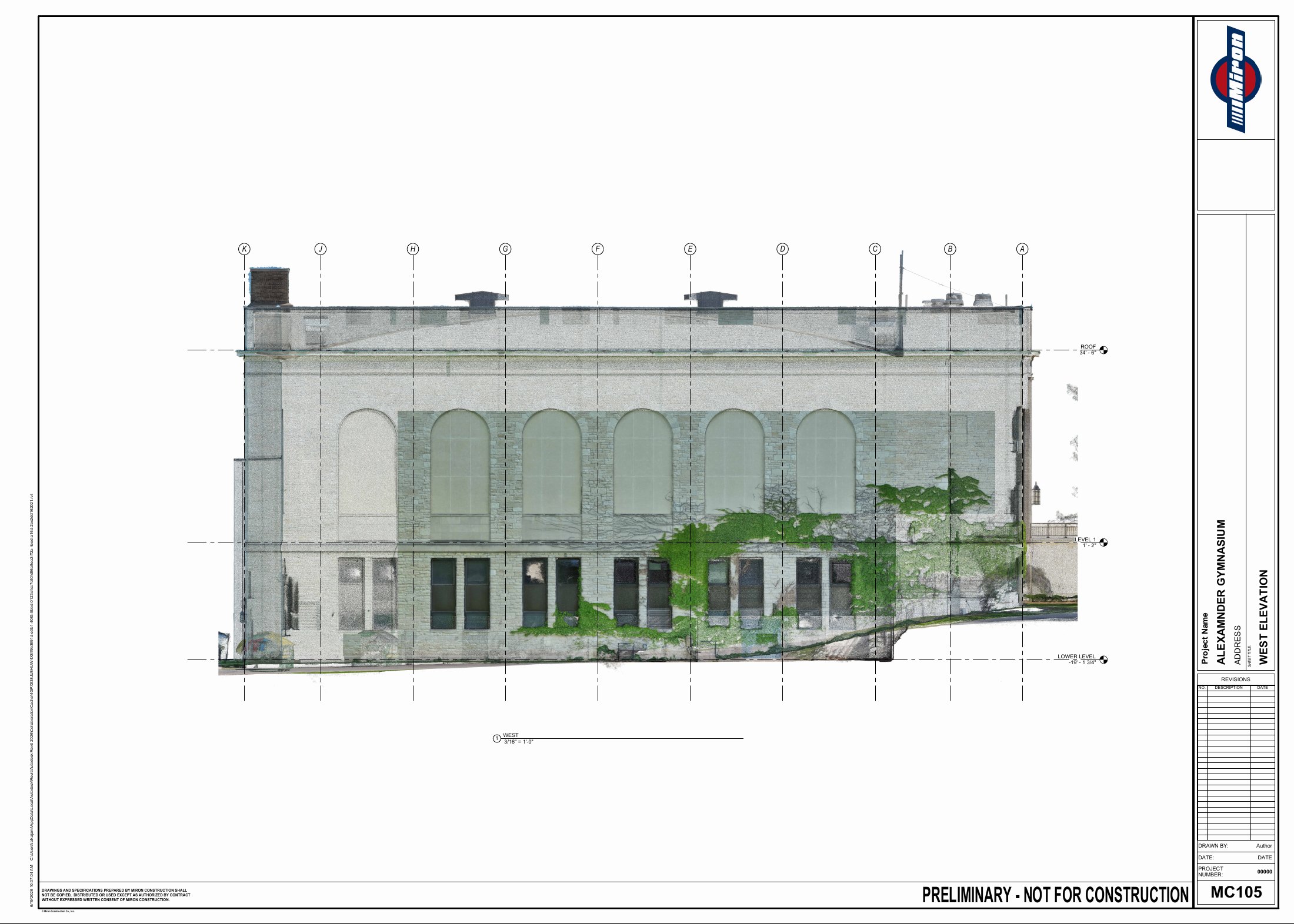 Alexander Gymnasium west elevation with façade grid and level references