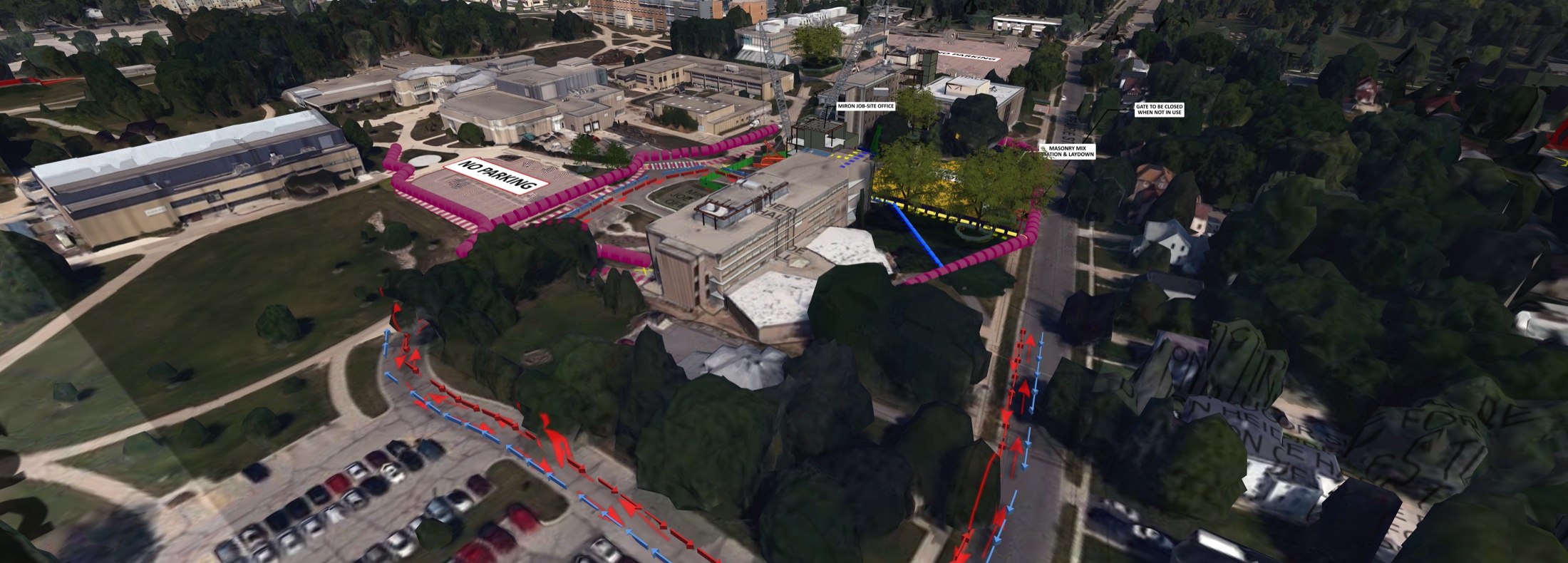 Native CMBuilder approach view showing pedestrian and construction routes around Heide Hall