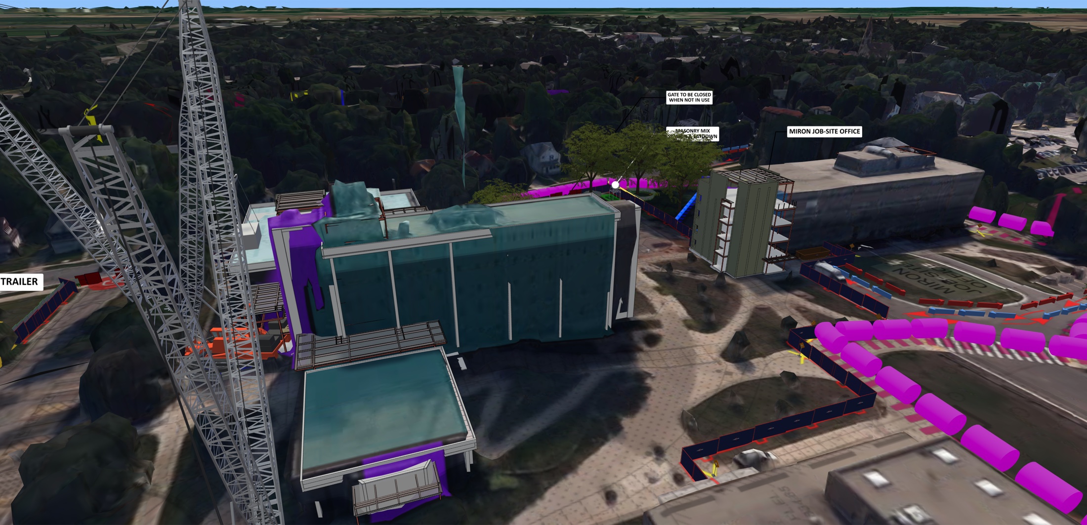 Native CMBuilder close view of building work zones and crane placement