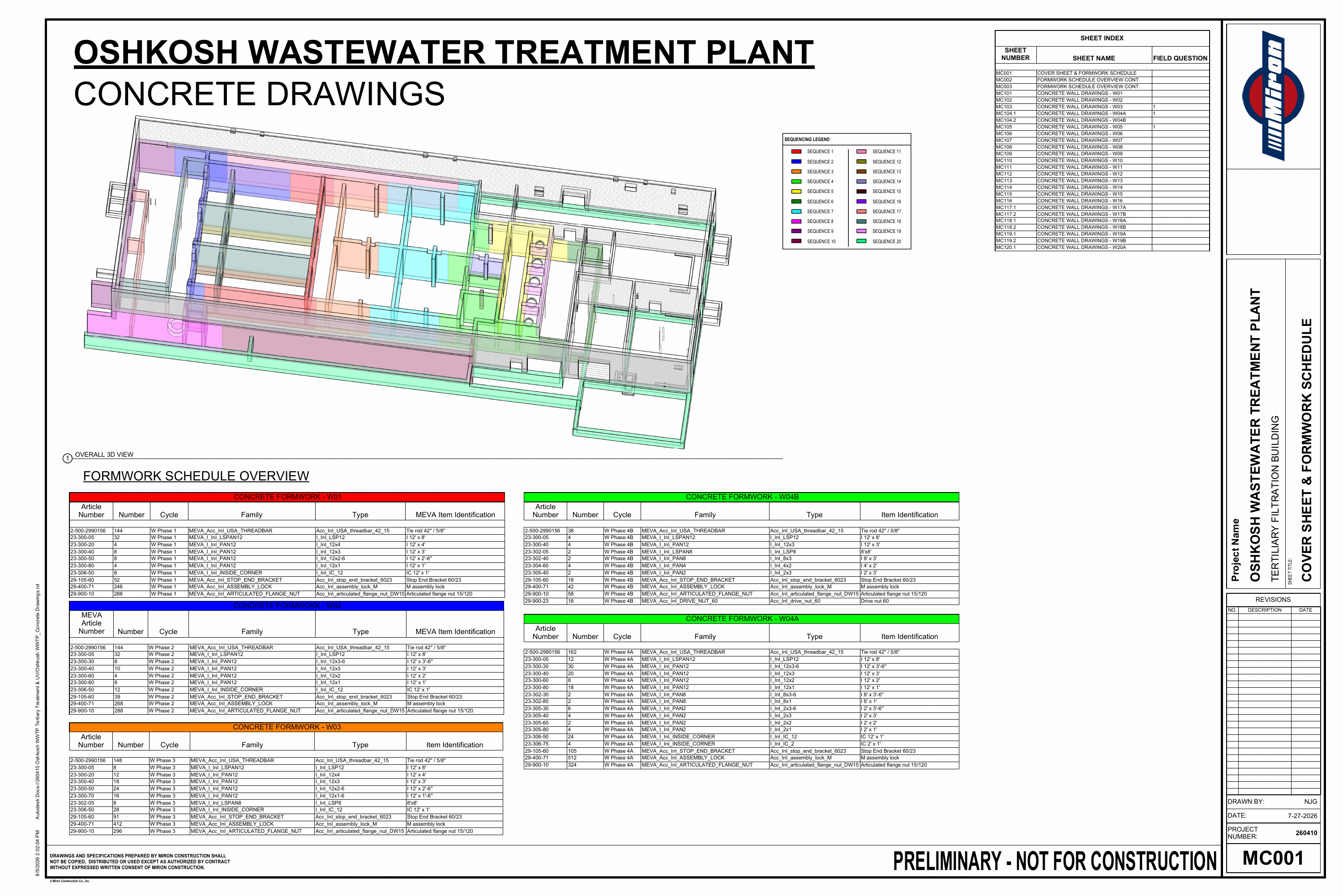 Oshkosh WWTP cover sheet with color-coded overall 3D pour sequence and formwork schedules