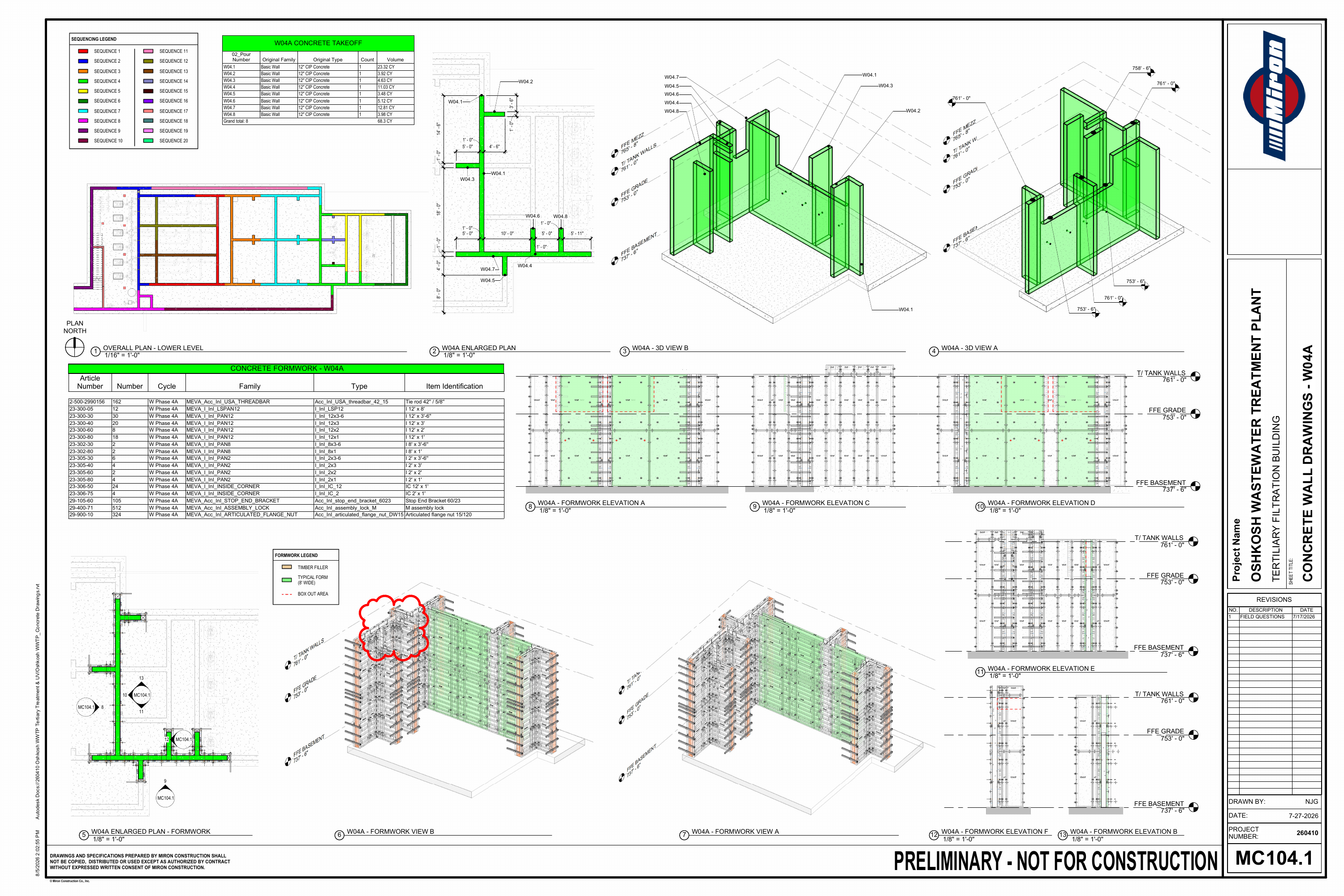 Oshkosh WWTP W04A concrete wall drawing with phase-specific plans, quantities, and formwork views